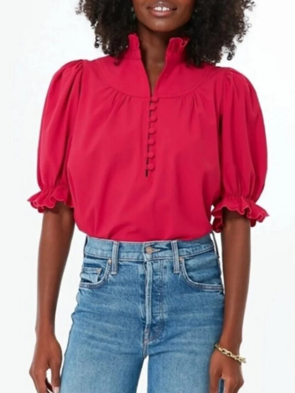 Tuckernuck Pomander Place Selena Blouse Raspberry Ruffle Puff Sleeve Size L NWOT
